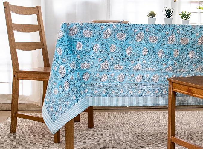 Block Print Table Cloth- 60x120 Inch Rectangle 100% Cotton Handmade Pre-Shrink, Washable for Spring, Kitchen & Dining Perfect for Patio, Indoor & Outdoor, Farmhouse