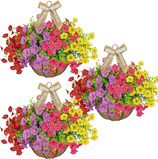 3 Pack Artificial Hanging Flower Baskets with Linen Bows, Decorative Fake Hanging Planters with 36 Pcs UV Resistant Flowers for Spring Summer Indoor Outdoor Garden Porch Decor(Multicolour)