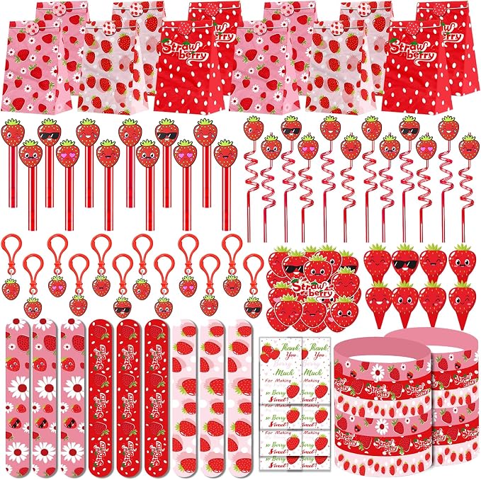 PLOUGVI 208PCS Strawberry Party Favors, Berry First Birthday Decor, Theme Decorations for Party Goodie Bag Stuffer Pinata Filler Gifts