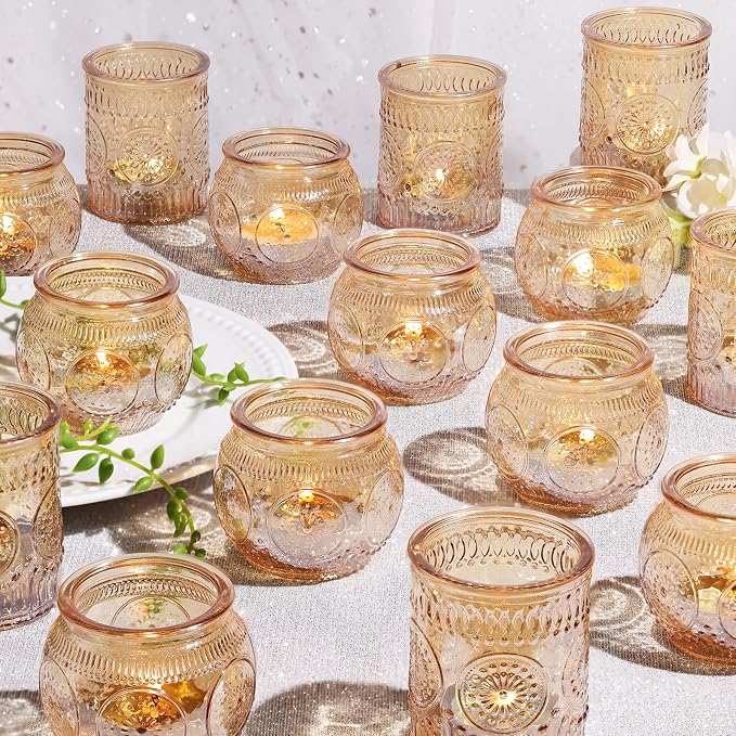 12pcs Assorted Gold Candle Holders, Votive Candle Holders, Glass Tea Lights Candle Holder for Christmas Decorations, Wedding Decorations, Vintage Boho Home Tea Party Decor,