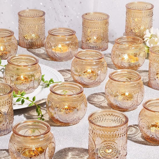 12pcs Assorted Gold Candle Holders, Votive Candle Holders, Glass Tea Lights Candle Holder for Christmas Decorations, Wedding Decorations, Vintage Boho Home Tea Party Decor,