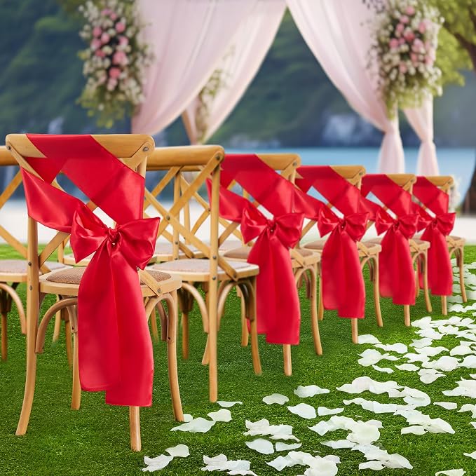 50 Pcs Red Satin Chair Sashes Bows Universal Chair Cover for Wedding Reception Events Banquets Party, Hotel Event Decorations, 6 x 108 inch
