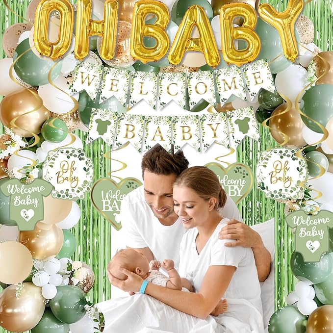 Sage Green Baby Shower Decorations,155 pcs Neutral Baby Shower Decor Supplies, welcome baby banner, Disposable "OH BABY" Balloon Arch, Paper Tassels, tablecloths