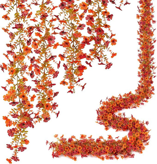 Ammyoo Fall Mums Flowers Artificial Garland for Decoration, 4 Pack 5.9 FT Faux Mums with Eucalyptus Leaves Ivy, UV Resistant Fake Fall Daisy Floral Vine Flowers for Home Garden Wedding Backdrop Decor