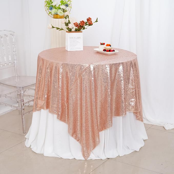 Poise3EHome Rose Gold Sequin Tablecloth 90×90 Inch Square Sequin Fabric Table Cover Overlay for Baby Shower Birthday Party Wedding Holiday Cake Table Decoration