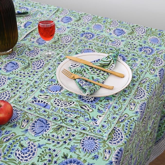 Hand Block Printed Tablecloth, Colorful Floral Print, Indian Artisan Handmade Art, Dining Room, Kitchen, Outdoor Décor, (Mint Green Blue, 6 Seater 60 x 90 Inches Rectangle)