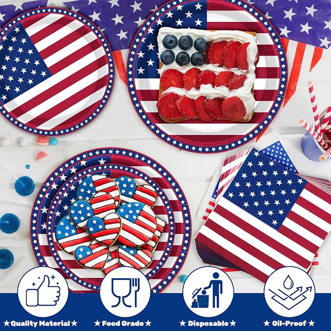 QZYL 150 Pcs 4th of July Party Supplies, Serve 50 Patriotic American Flag Party Tableware Set Paper Plates and Napkins, Fourth of July Decorations for Independence Day Patriotic BBQs Picnic Events