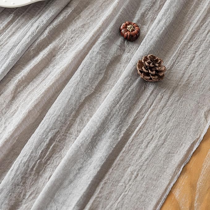 Keketoarrange Grey Spring Table Runner Gauze Rustic Cheesecloth 120 Inch 10 FT for Wedding Baby Shower Bridal Shower Birthday Engagement Garden Outdoor Party Long Sheer Summer Home Boho Decorations