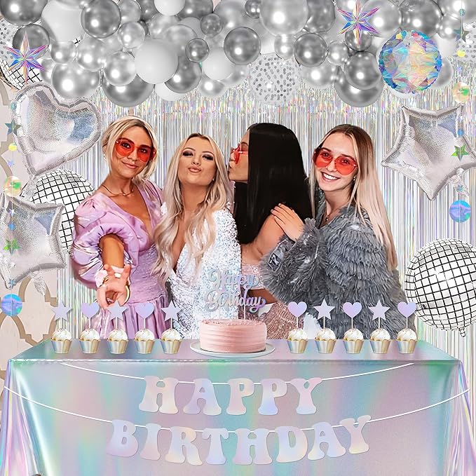 Iridescent Birthday Party Decoration Set 78Pcs, Disco Groovy 60s 70s Party Supplies Silver Party Decors include Disco Ball Banner Balloon Garland Arch Tablecloth Fringe Curtain Cake Topper Set