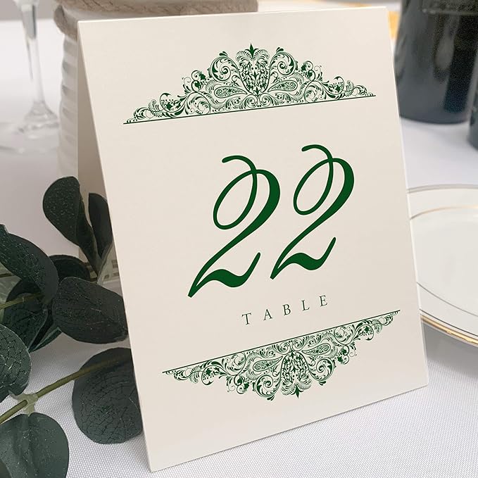 Paisley Wedding Table Numbers (Select Color/Quantity), Champagne, Hunter Green, 1-100, Double Sided, Tent or Use in a Stand, Great for Parties & Restaurants - Made in the USA