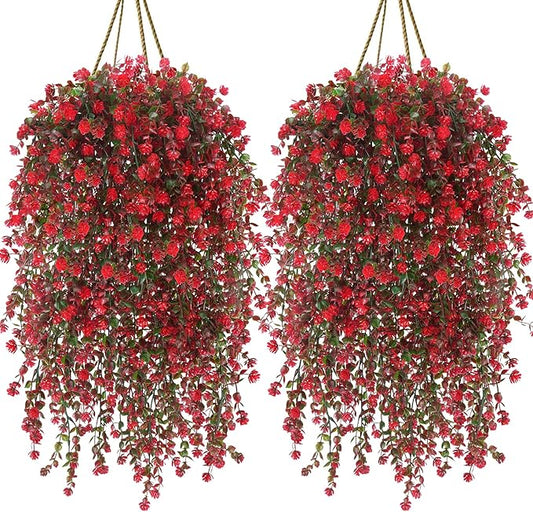 12 Pcs Red Hanging Flowers Artificial Hanging Plants Faux Eucalyptus Greenery Trailing Vines UV Resistant Plastic Plants for Indoor Outdoor Wall Garden Front Porch Home Decor