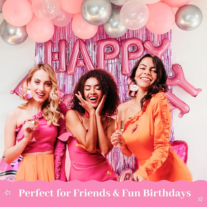 Vidal Crafts Pink Birthday Decorations – 71-Piece Happy Birthday Decorations with Latex, Foil & Confetti Balloons, Happy Birthday Banner & Foil Fringe Curtains for Fun Birthday Parties