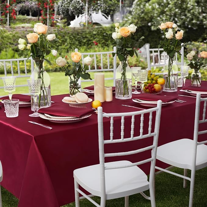 6 Pack Satin Table Cover Rectangle Silkly Soft Table Cloth, Satin Dining Table Cloths for Wedding Banquet Table Decoration, Dining Room, Indoor and Outdoor Use, 60 x 120 Inches, Burgundy
