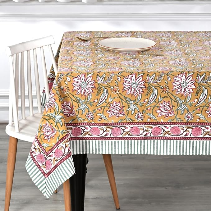 Ridhi Biscotti Yellow Hand Block Print Cotton Rectangle Tablecloth 160" x 72" inches Reusable Table Cover Decorative Everyday Use for Dining Room, Farmhouse, Home Gift for Spring, Mother's Day