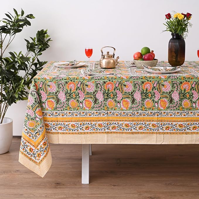 Hand Block Printed Tablecloth, Colorful Floral Print, Indian Artisan Handmade Art, Dining Room, Kitchen, Outdoor Décor, Party Decor, (Daisy Sunshine,72 x 108 Inches, 8 Napkins)