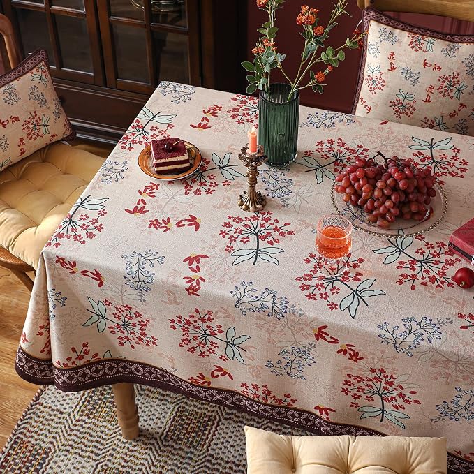 patdrea Vintage French Linen Tablecloth,Square,55"x55"-NewMari | Elegant Printed Table Cloth for Square Table,Red Floral Patterned,Dining Room Kitchen Tea Party Decoration,Durable