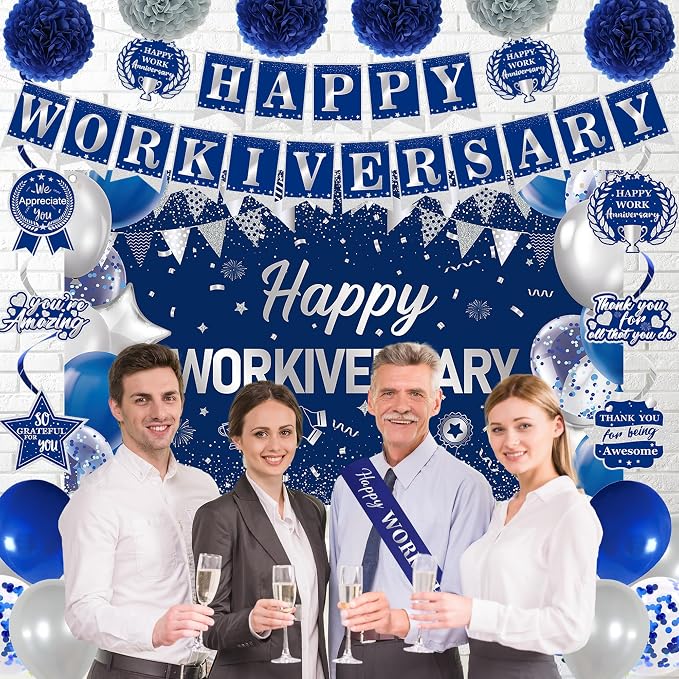 DARUNAXY Happy Workiversary Party Decorations for Men Women, Blue Silver Happy Work Anniversary Banner Cake Topper Hanging Swirl Confetti Balloons Decor Set for Employee Office Party Supplies(31PC)