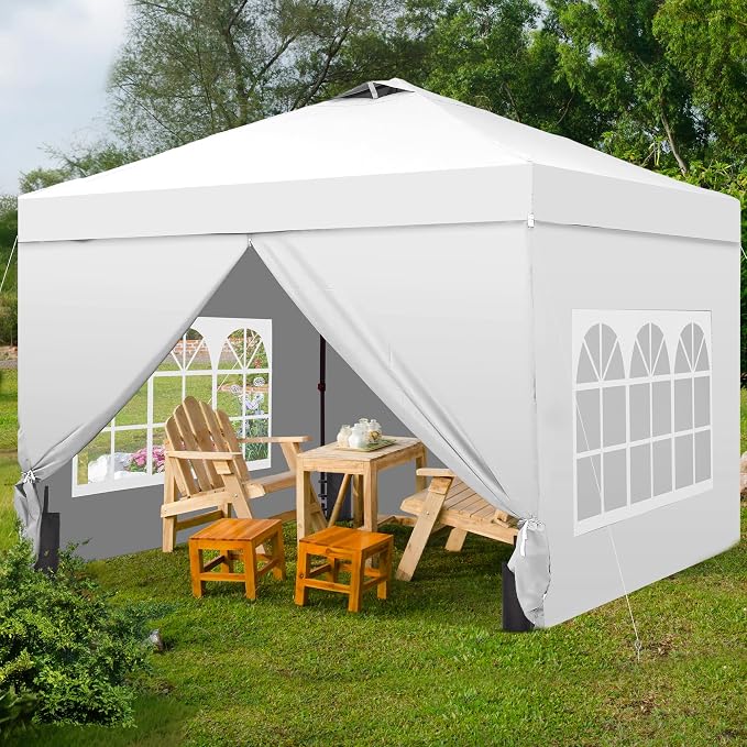 GDY 10x10 Pop Up Canopy Tent with 4 Sidewalls, Easy Set up with One Push Lift Outdoor Silver Coated Beach Gazebos, Carpas with 4 Sandbags, for Events, Parties,Camping, White.
