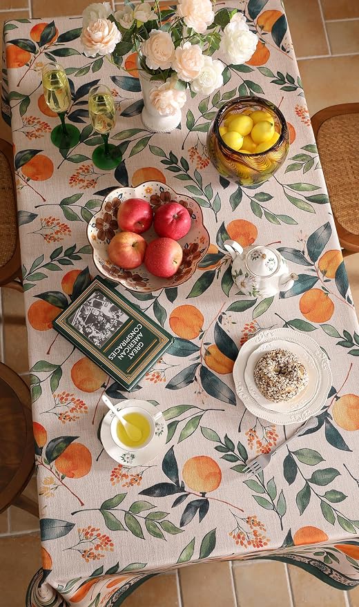 patdrea Designer French Linen Tablecloth,Rectangular,79"x55"-Palladin A | Colorful Elegant Table Cloth for Rectangle Table,Orange Floral Patterned,for Dining Room Tea Party Thanksgiving