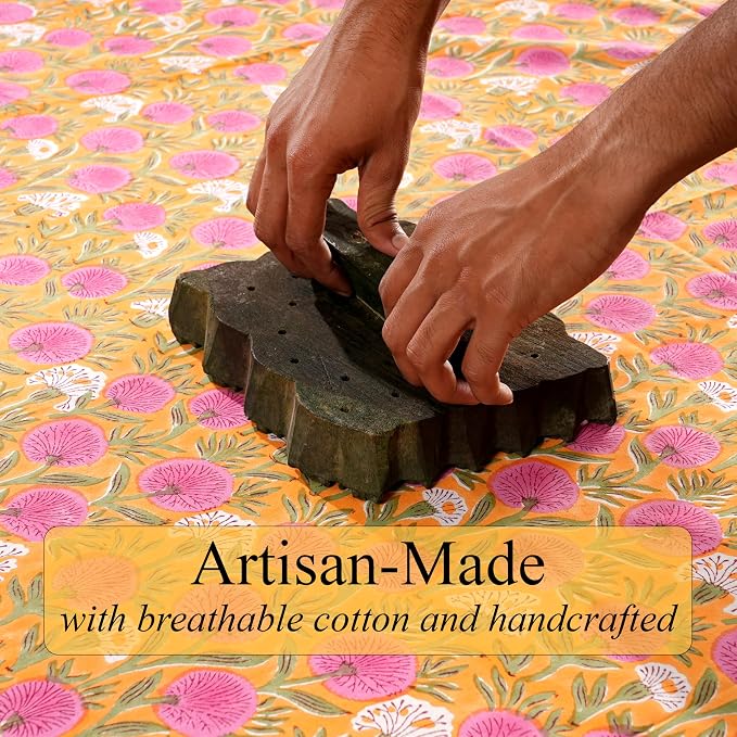 Ridhi Bubblegum Pink Hand Block Print Cotton Rectangle Tablecloth 140" x 72" inches Reusable Table Cover Decorative Everyday Use for Dining Room, Farmhouse, Home Gift for Spring, Mother's Day
