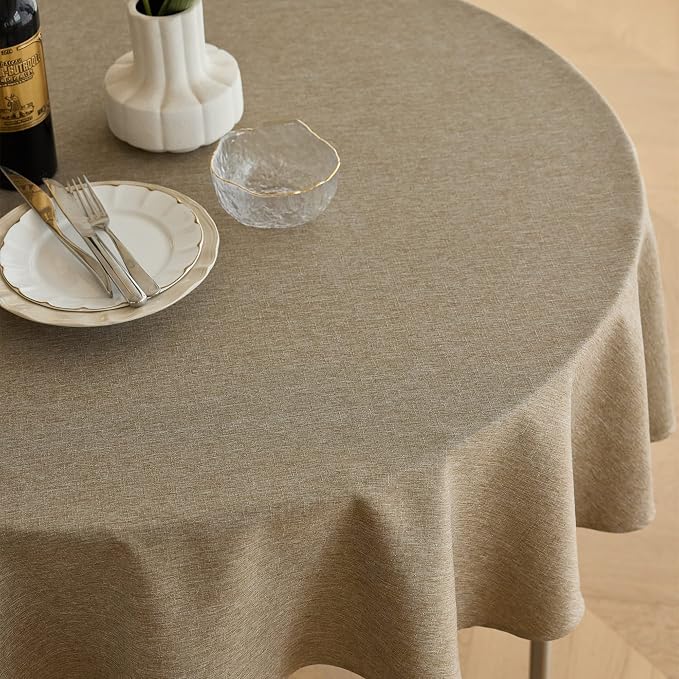 Decorelia Waterproof Faux Linen Farmhouse Round Table Cloth for Indoor/Outdoor, Decorative Rustic Fabric Tablecloth Cover for Party Picnic Dining & Kitchen Table (60 Inch, Round (2-4 Seats), Natural)