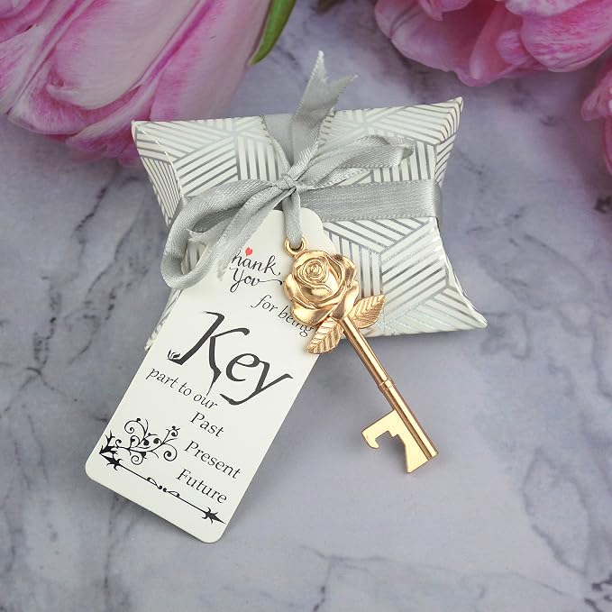 Makhry 50 Set Skeleton Rose Key Bottle Openers with Candy Box In Antique Vintage Style Escort Tags French Ribbon As A Gift Souvenir At Wedding Party Supplies (Rose Gold)