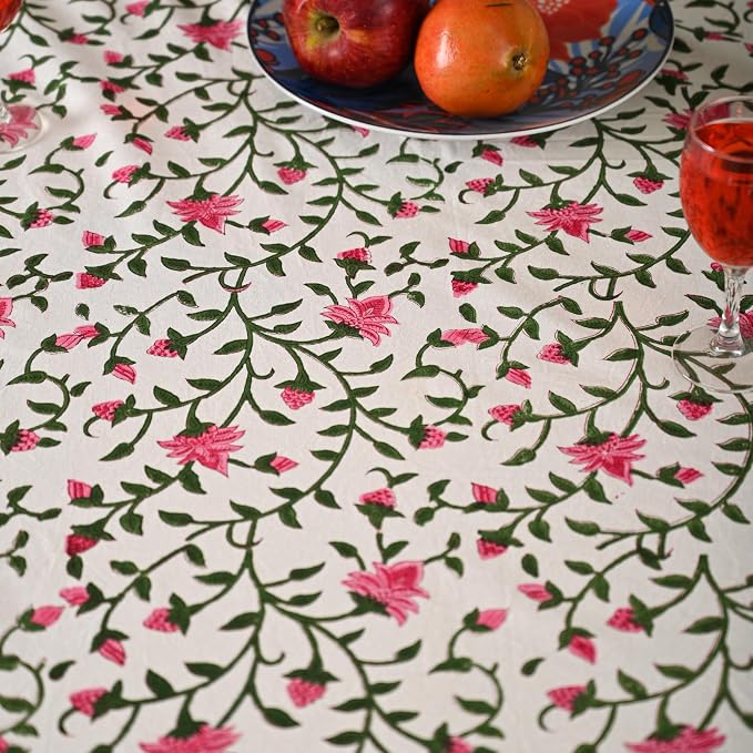 Hand Block Printed Tablecloth – Colorful Floral Print | 100% Cotton | Indian Artisan Handmade Art | Dining Room, Kitchen, Outdoor Décor, (Rosy Elegance, 6 Seater 72 Inches Round)