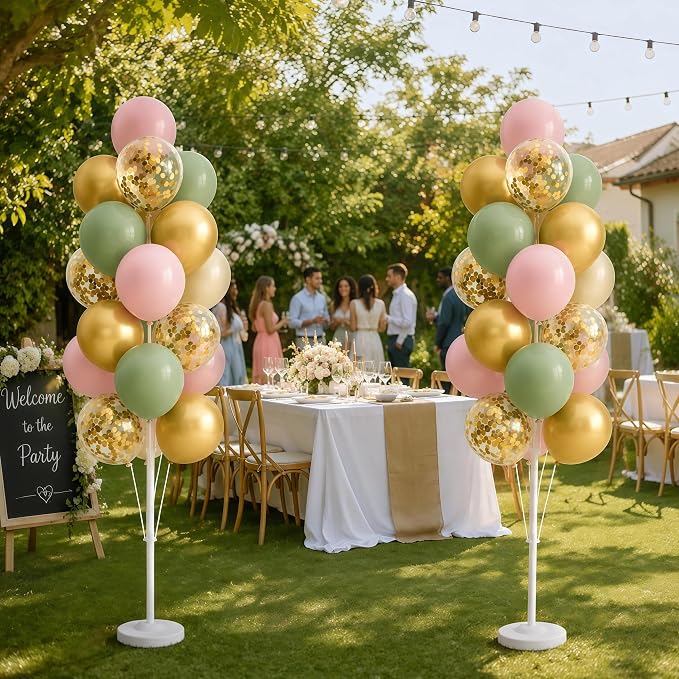 Hiins Balloon Column Kit Set of 2 With Balloons Included - with Base, and Pole,Balloon Tower Backdrop Decoration for Wedding, Baby Shower, Birthday Party, or Bachelorette Parties (Sage Green Gold)