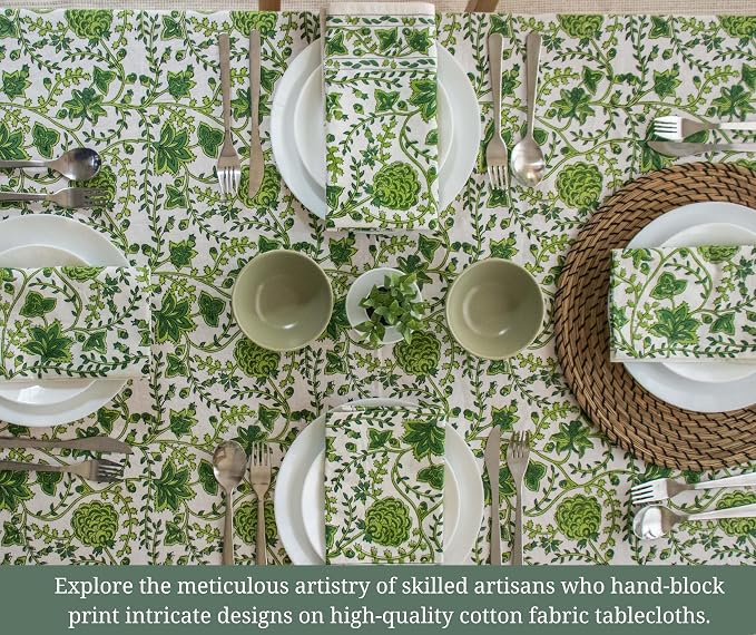 Light Green Block Print Table Cloth- 60x90 Inch Rectangle 100% Cotton Handmade Pre-Shrink, Washable for Spring, Kitchen & Dining Perfect for Chirstmas, Patio, Indoor & Outdoor, Farmhouse