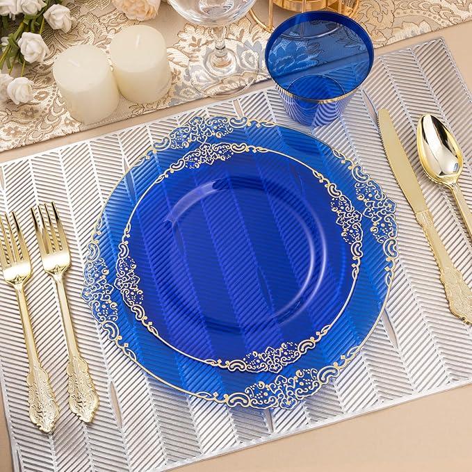 Bestluck 350PCS Clear Blue Plastic Plates for 50 Guests, Disposable Plates with Gold Trim include 50 Dinner and Dessert Plates, 150 Gold Silverware, 50 Cups, 50 Napkins for Party, Wedding & Graduation