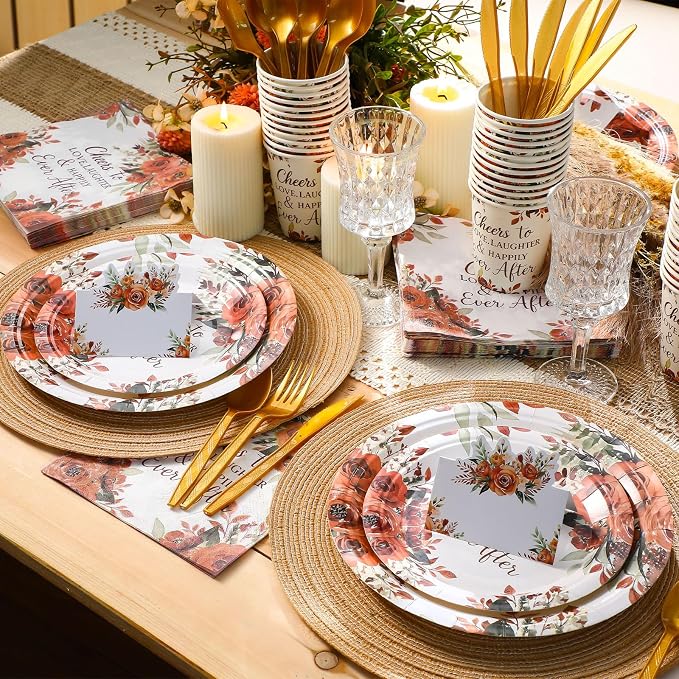 Shellwei 410 Pcs Terracotta Floral Wedding Decorations Fall Paper Plates and Napkins Set Disposable Party Tableware Sets with Cups Knives Forks Spoons Seat Card Favors for 50 Guests
