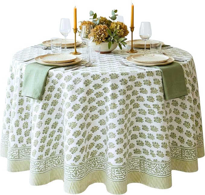 ATOSII Ivy Green 100% Cotton Round Boho Fall Tablecloth, Handblock Floral Table Cloth Linen for Kitchen Dining I Parties Weddings Outdoors Picnics Easter Mothers Day I 72" Inches Round I 4 Seater