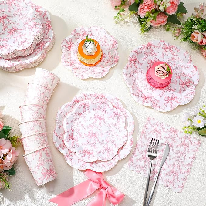 Newtay 250 Pcs Pink Bow Paper Plates and Napkins Coquette Valentine's Day Party Supplies Disposable Tableware Set for 50 Guests Pink Bow Paper Plates Napkins Cups for Baby Shower Birthday Decoration