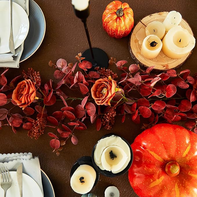 PARTY JOY 6.56ft Fall Decor Orange Eucalyptus Garland with Flowers 8 Orange Roses, Fall Garland Artificial Fake Flowers Floral Vines for Autumn Decor Fall Decorations for Home Indoor Outdoor