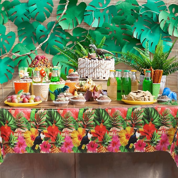 Kochorie 100 Ft X 54 Inch Hawaiian Luau Party Tablecloth Roll with Cutter Box, Disposable Plastic Hawaii Tiki Totem Table Cover, Aloha Tropical Floral Table Decorations for Summer Beach Pool Birthday