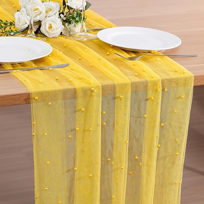 BINBE Pearl Table Runner Spring Summer Rustic Boho 10ft Tulle Table Runner for Baby Shower Wedding Veil Holiday Dessert Table Decor Yellow