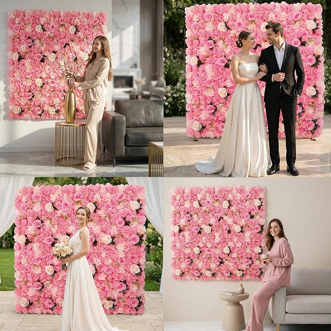 3D Flower Wall Backdrop 6 Pack, 24x16 Inch Deep Pink Artificial Rose Panels for Wedding, Party, Photo Studio, Home & Fence Decor