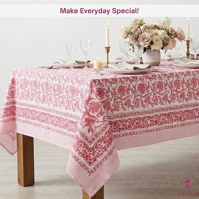 ATOSII Red Bloom 100% Cotton Rectangle Tablecloth, Block Print Floral Linen Table Cloth for Dining Parties Outdoors Weddings Holidays I 72 X 140 Inches, 12 Seater, Summer Farmhouse Grandmillennial