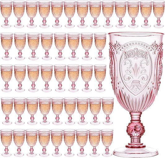 JLYLOL Plastic Wine Glasses 48Pcs Plastic Goblets 7.5oz Colored Retro Embossed Glassware Vintage Stemmed Drinking Cup Reusable Water Goblets for Wedding Reception Grand Event Party Bar,Whiskey (Pink)