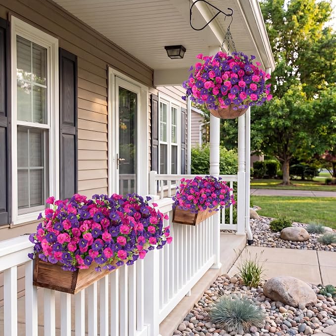 Artificial Flowers for Outdoors with Baskets Hanging Plant Faux Flowers UV Resistant Fake Silk Morning Glory with Eucalyptus for Planter Porch Garden Home Spring Summer Decoration(Fuchsia Purple)