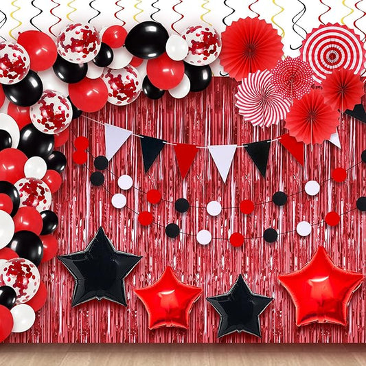 KatchOn, Huge Red and Black Party Decorations Set - Pack of 154 | Black and Red Balloons, Red Fringe Backdrop, Garlands | Graduation Decorations 2025 | Red and Black Birthday Decorations