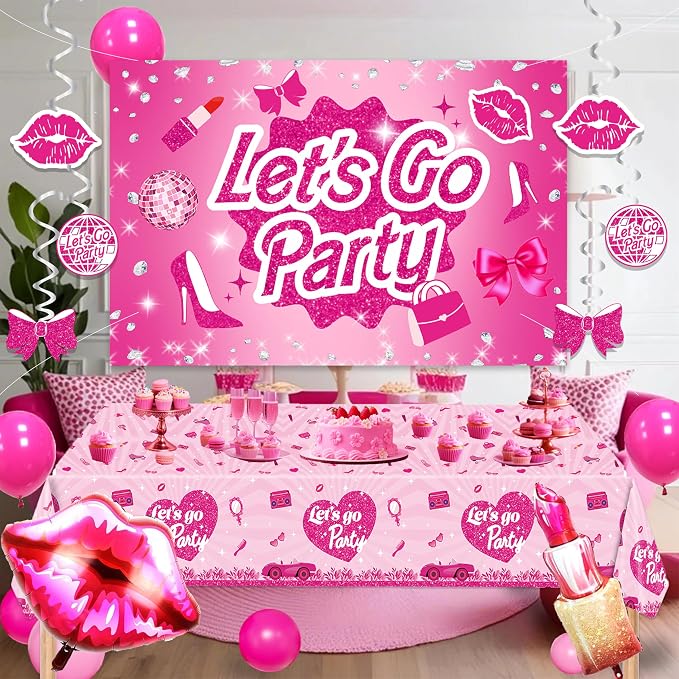 Hot Pink Party Decorations For Girls,Banner,Pink Balloons,Tablecloth,Paper pom poms Party Supplies for Women