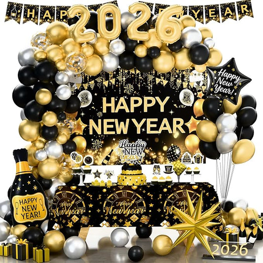 2026 New Year's Eve Party Decorations, Happy New Year Party Supplies Indoor Kit, 2026 Black Gold New Year Eve Party Decorations with Balloon Garland Banner Backdrop Foil Balloon Cake Cupcake Toppers