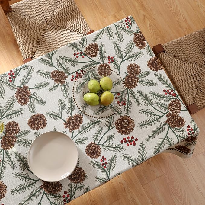 ISAENNE Designer Vintage Linen Rectangular Tablecloth,87"x55"-Carol B | French Elegant Table Cloth Rectangle Table,Pinecones Pattern,Decor,Dining Room,Kitchen,Tea Party,Thanksgiving,Christmas