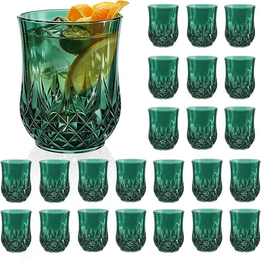24 Pack Plastic Stemless Wine Glasses,12oz Unbreakable Vintage Elegant Drinking Glass Set,Reusable Fancy Cocktail Cups for Party, Wedding, and Bulk Events (24, 12oz-Dark Green)