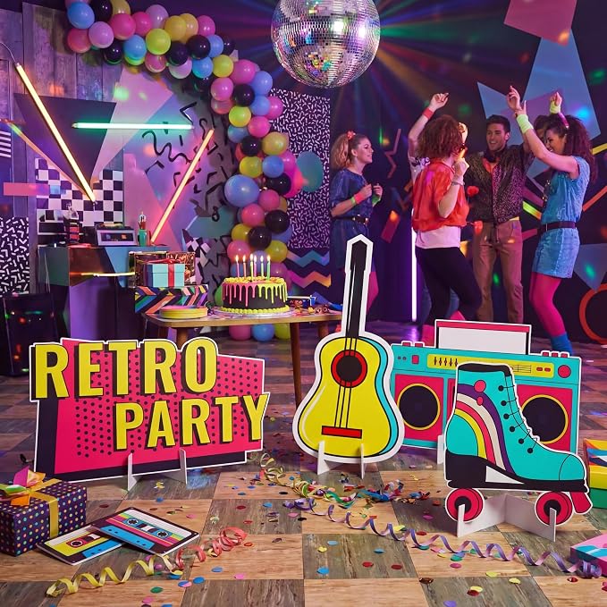 Honoson 4 Pcs 24.4" x 26.6" Large Back to 80s 90s Party Decoration Cardboard Cutouts, Retro Radio Boombox Backdrop Yard Signs for Hip Hop Music Birthday Party Supplies Vintage Photo Booth Props