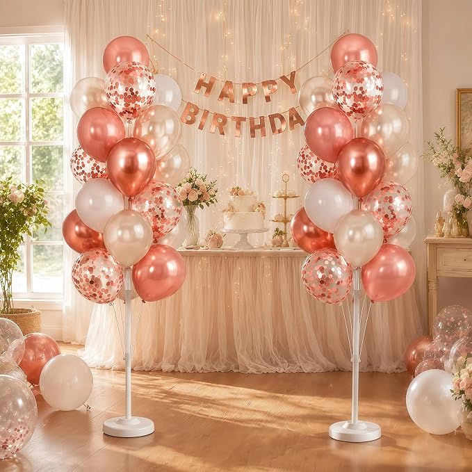 Hiins Balloon Column Kit Set of 2 With Balloons Included - with Base, and Pole,Balloon Tower Backdrop Decoration for Wedding, Baby Shower, Birthday Party, or Bachelorette Parties (Rose)