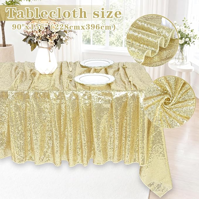 MoKoHouse Tablecloth Rectangle 90x156 Light Gold Sequin Table Cloth Seamless Glitter Fabric for Home Party Wedding Decor Christmas Decorations