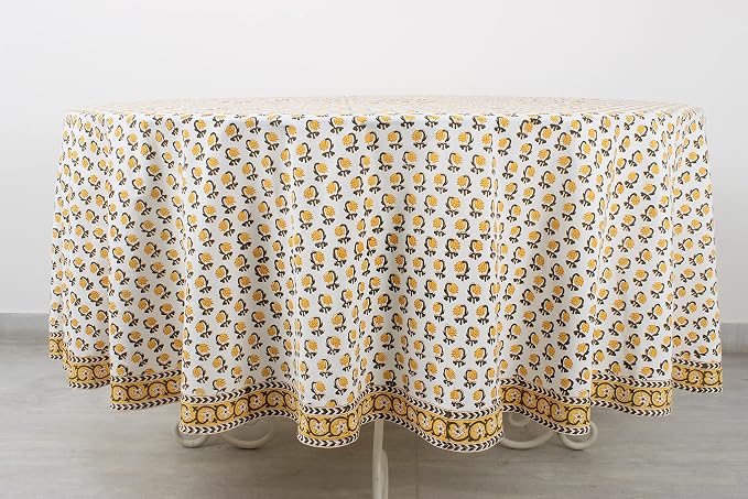 Ridhi Round Tablecloth Hand Block Print 100% Cotton Reusable Vintage Yellow 132 Inch Table Cover Decorative Everyday Use for Dining, Home, Party, Wedding, Farmhouse Gift for Spring, Mother's Day
