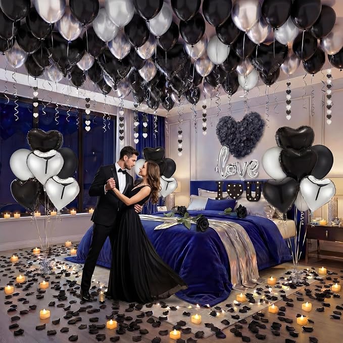 Realspring Black and Silver Balloons Hotel Room Decor for Special Night Happy Romantic Anniversary Decorations Artificial Rose Petals with Heart Lights Kit for Proposal Engagement Birthday